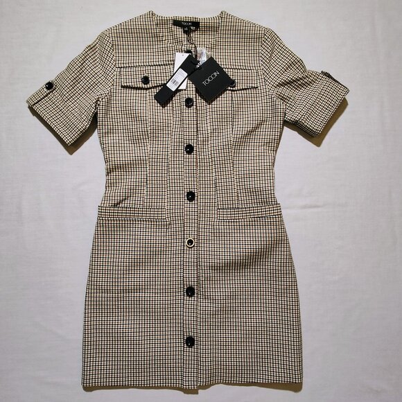 NWT Toccin Short Sleeve Button Front Plaid Mini Dress 4 - Picture 1 of 9